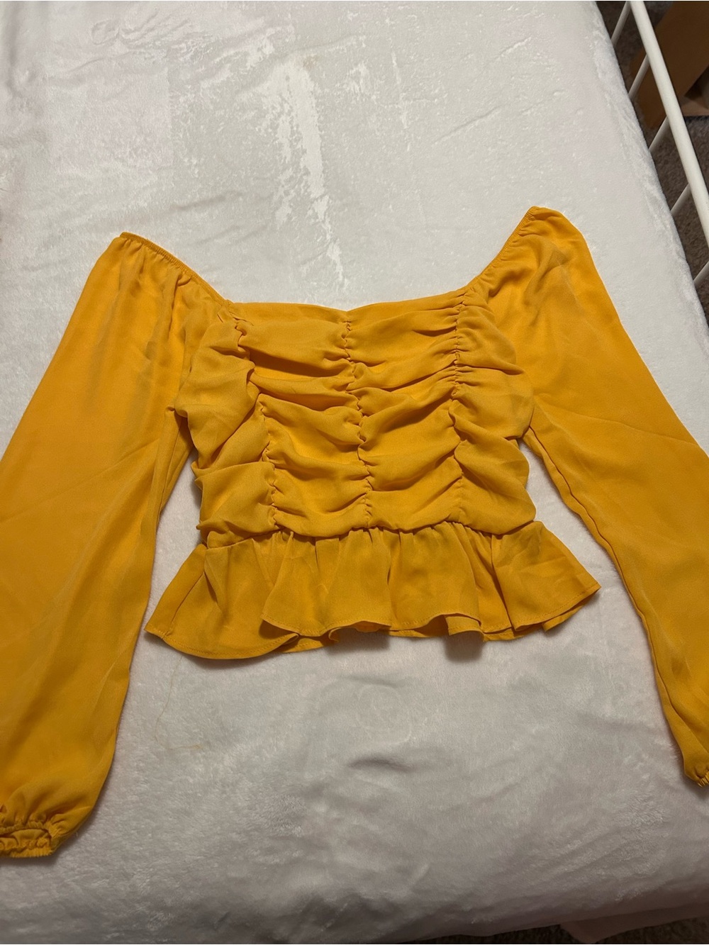 Ruched Off-Shoulder Peplum Blouse in Mustard Yellow